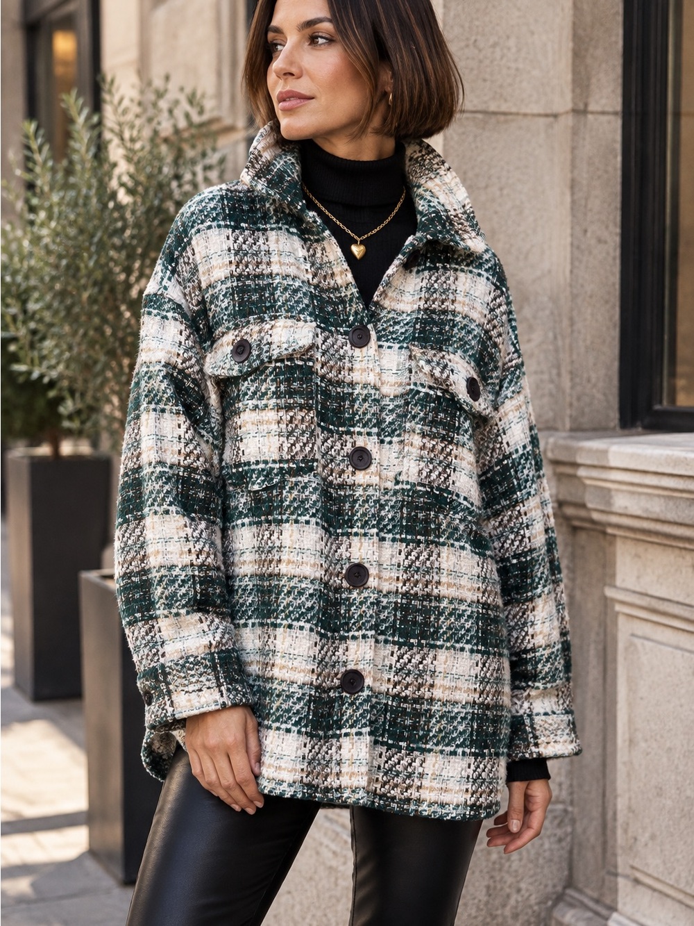 ZARA Cream and Green Nubby Plaid Collegiate Oversized Button Front Shacket, XS
